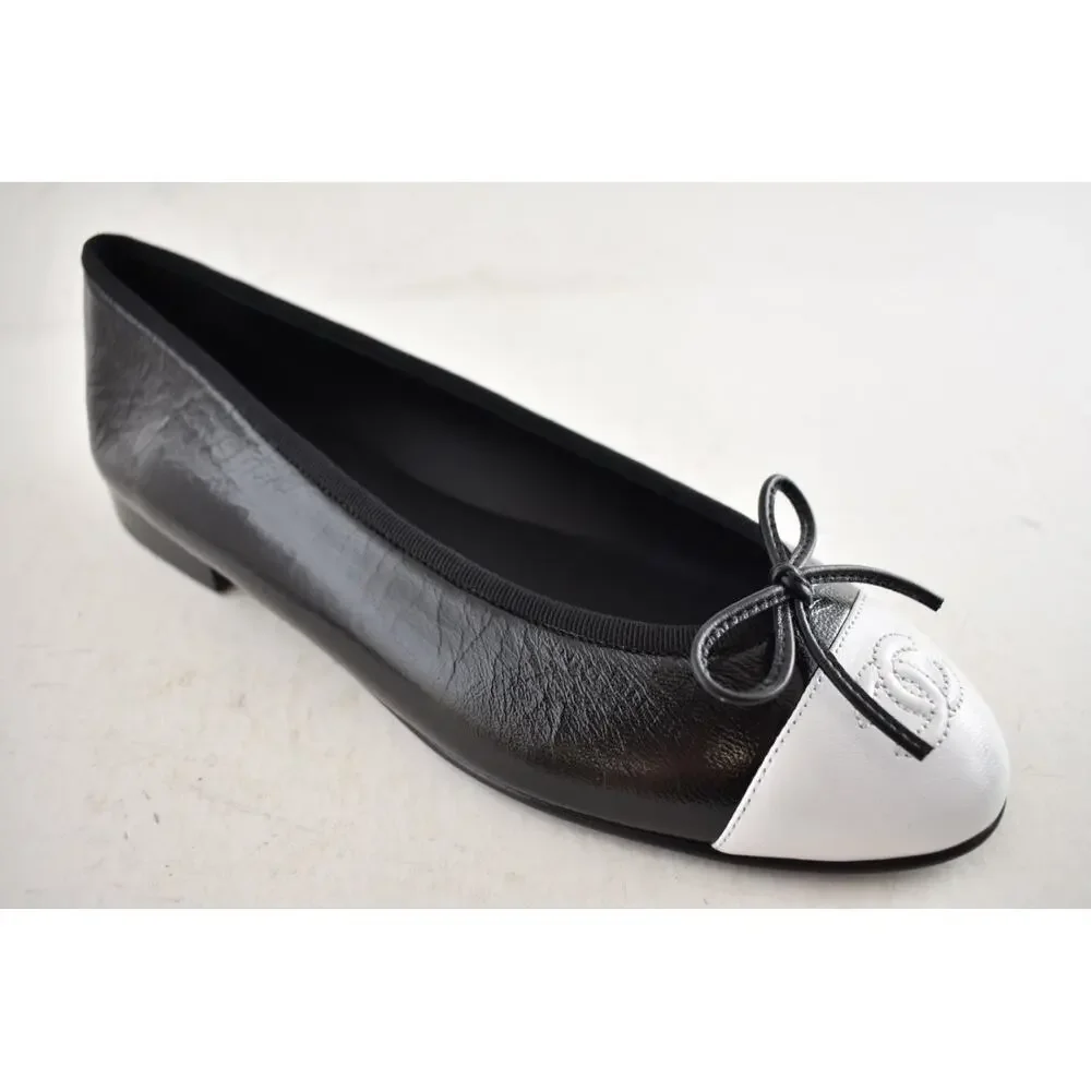 Chanel 26S Black White Crumpled Shiny Lambskin CC Bow Ballet Ballerina Flat 39.5 - Picture 7 of 16
